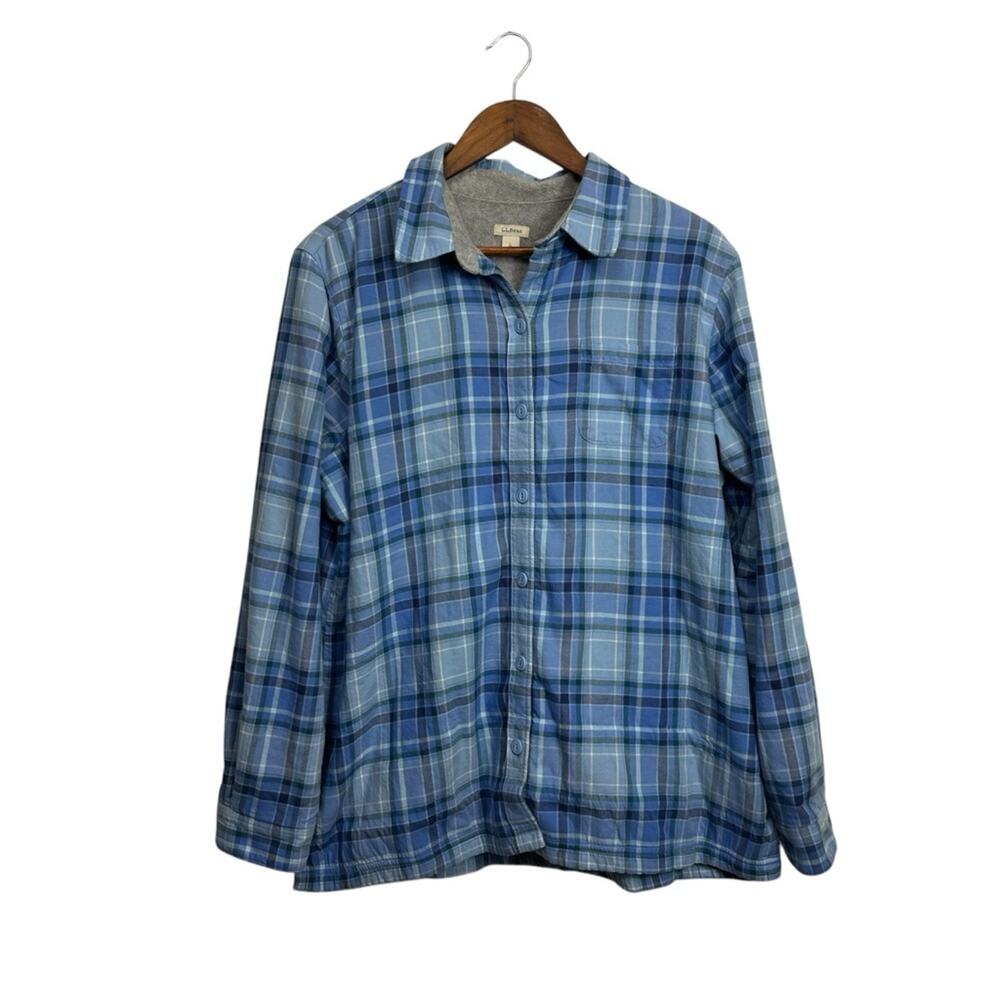 L.L. Bean Blue Plaid Button-Up Shirt Cotton Shacket fleece lined Large